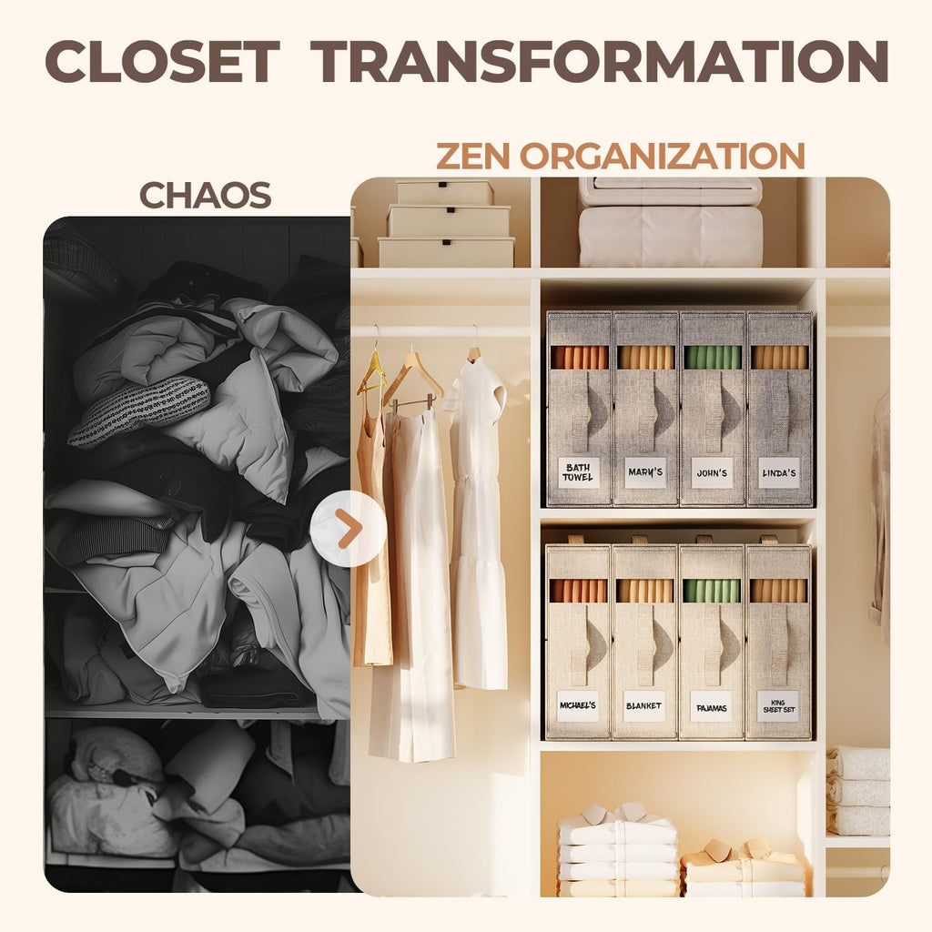 12Pack Sheet Organizers and Storage - King/Queen Size Sheet Storage Organizer with Window, Foldable & Dustproof Sheet Organizer for Linen Closet for Summer Blankets & Sheet Sets,Beige