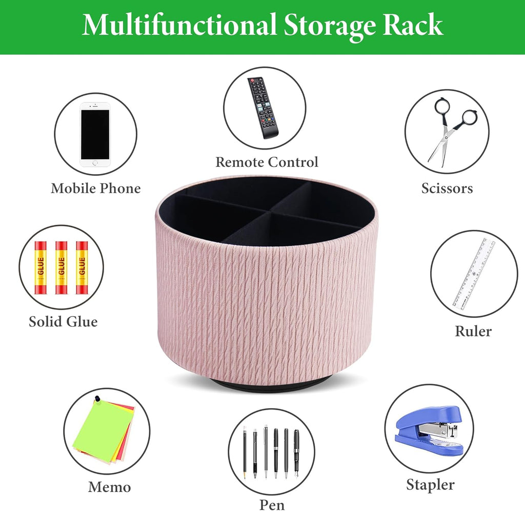 Round Leather Art Supply Organizer,Remote Control Holder,360 Degree Spinning,Multi-Functional Pencil Holder,4 Compartments Desktop Stationary Organizer(1-Wood Pink2)