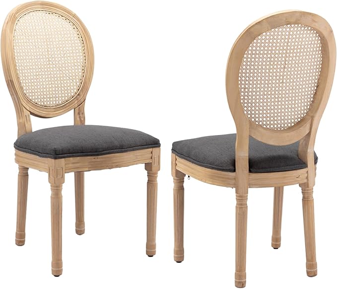 French Country Dining Chairs Set of 2,Farmhouse Upholstered Dining Room Chairs with Round Back and Solid Leg,Rattan Kitchen Chairs for Kitchen/Bedroom/Dining Room,Gray