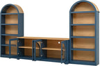 3-Piece Retro TV Stand Set with Bookshelf, Entertainment Center with Arched Design for TVs up to 70'', Farmhouse Media Console with Tempered Glass Doors for Living Room, Blue