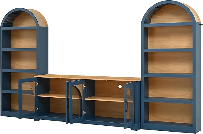 3-Piece Retro TV Stand Set with Bookshelf, Entertainment Center with Arched Design for TVs up to 70'', Farmhouse Media Console with Tempered Glass Doors for Living Room, Blue