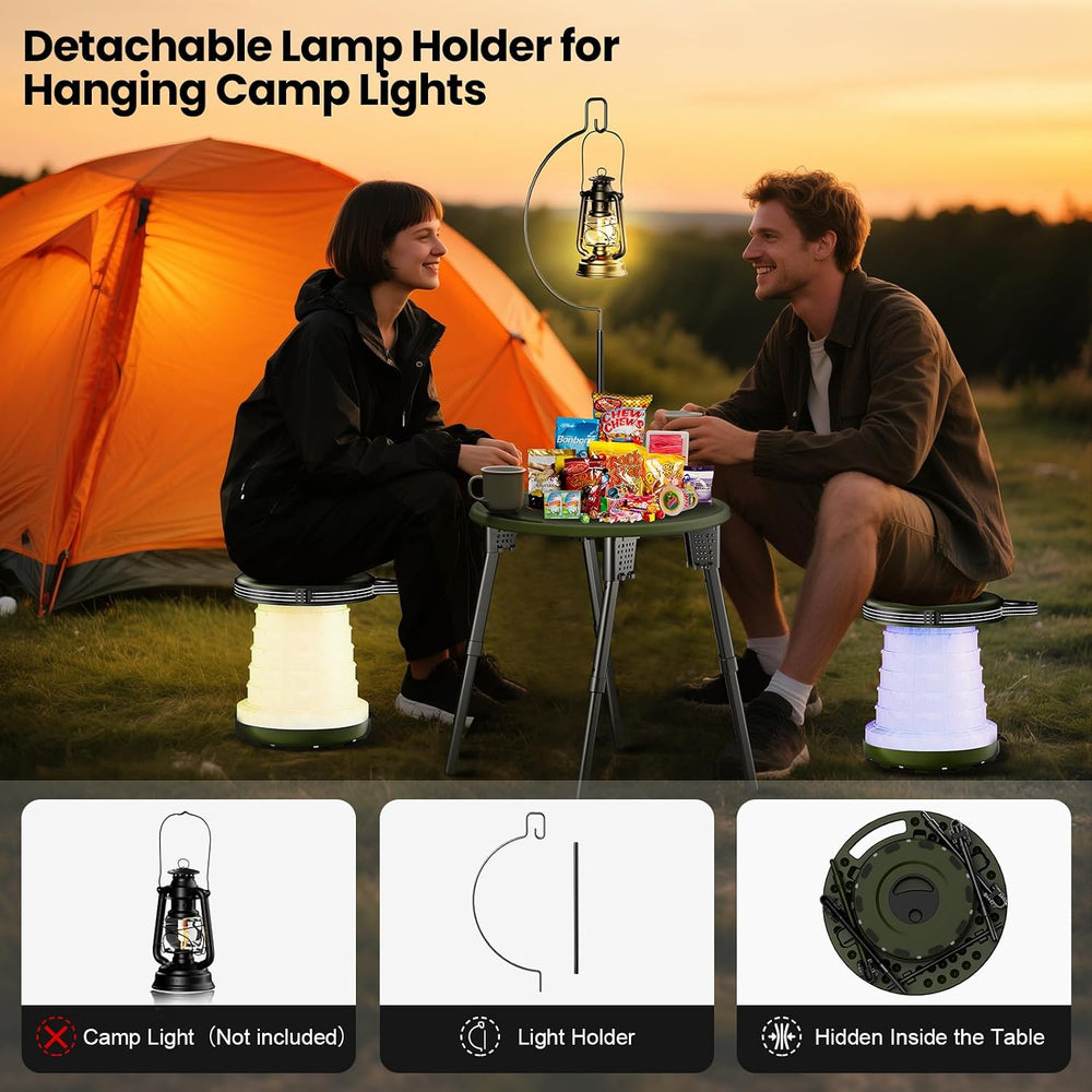 LED Camping Table Set with Stools, 300lbs Capacity Adjustable Height Folding ...
