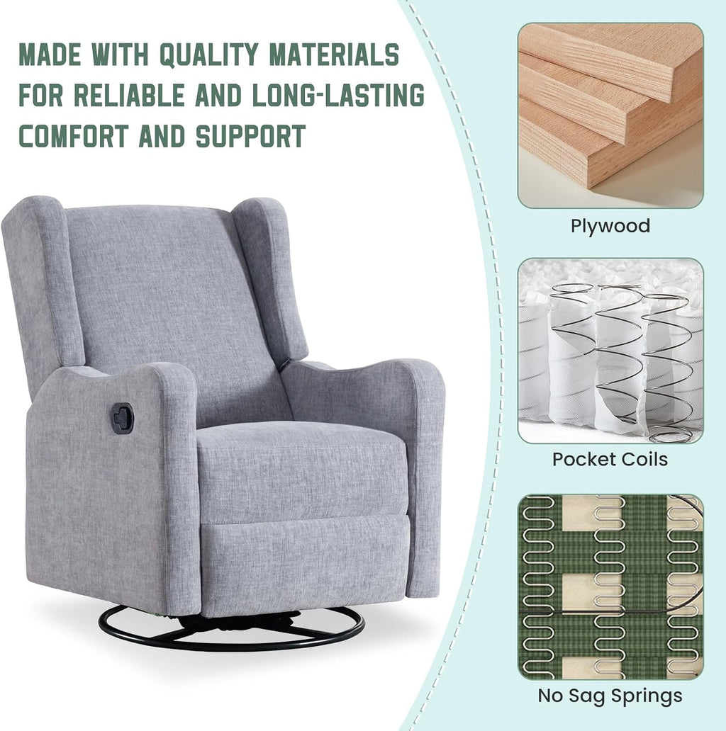 360° Swivel Glider Recliner, Soft Chenille Mid Century Modern Upholstered Ergonomic Rocker Comfy Wingback Accent with Curved Arm Sillas Reclining Chair Living Room Bedroom Lounge Reading Nursery Grey