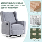 360° Swivel Glider Recliner, Soft Chenille Mid Century Modern Upholstered Ergonomic Rocker Comfy Wingback Accent with Curved Arm Sillas Reclining Chair Living Room Bedroom Lounge Reading Nursery Grey