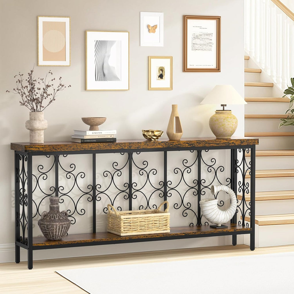 ikkle 70.9" Narrow Sofa Table Behind Couch with 2-Tier Storage Shelf. | Industrial Console Table with Auspicious Cloud Design and Premium Water-Resistant Wood Finish.Fit for Entryway, Living Room.