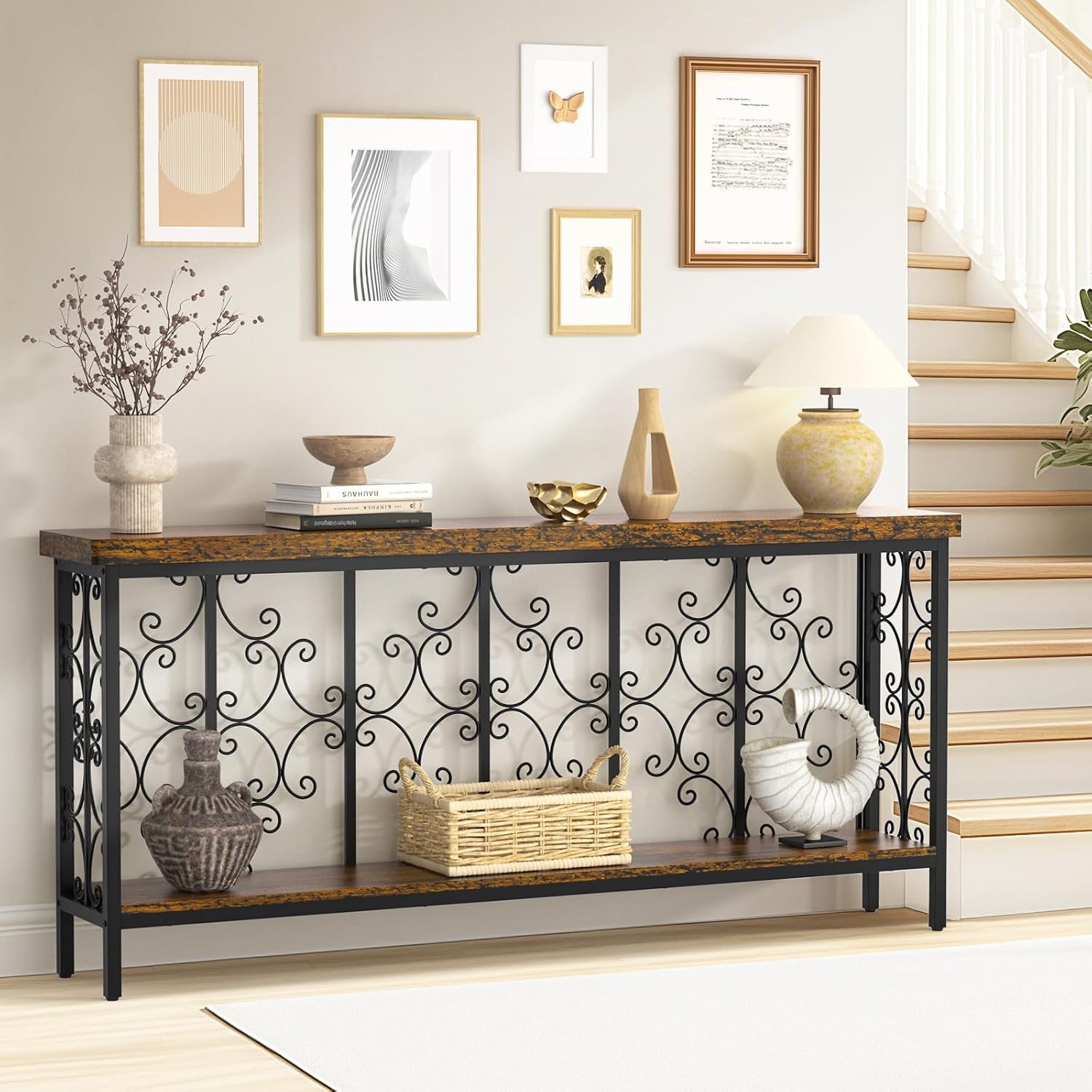 ikkle 70.9" Narrow Sofa Table Behind Couch with 2-Tier Storage Shelf. | Industrial Console Table with Auspicious Cloud Design and Premium Water-Resistant Wood Finish.Fit for Entryway, Living Room.