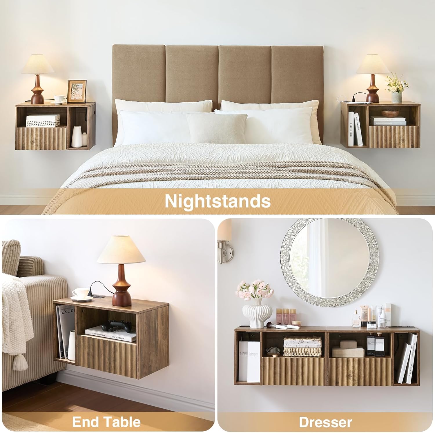 Floating Nightstand with Charging Station - Rustic Brown Wall Mounted Modern Fluted Bedside Table with Drawer, USB Ports & Outlets (Set of 2)
