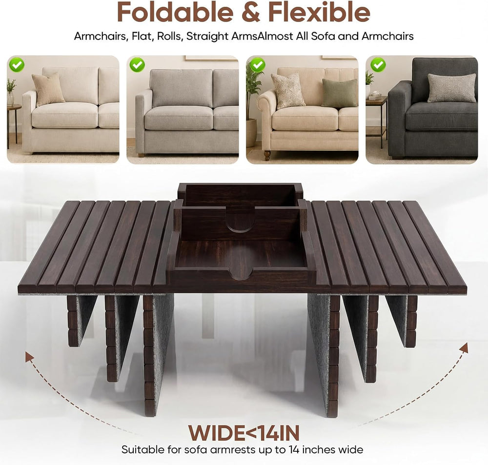Bamboo Couch Arm Tray Table with Built-in Cup Holder, Foldable Anti-Slip Sofa...