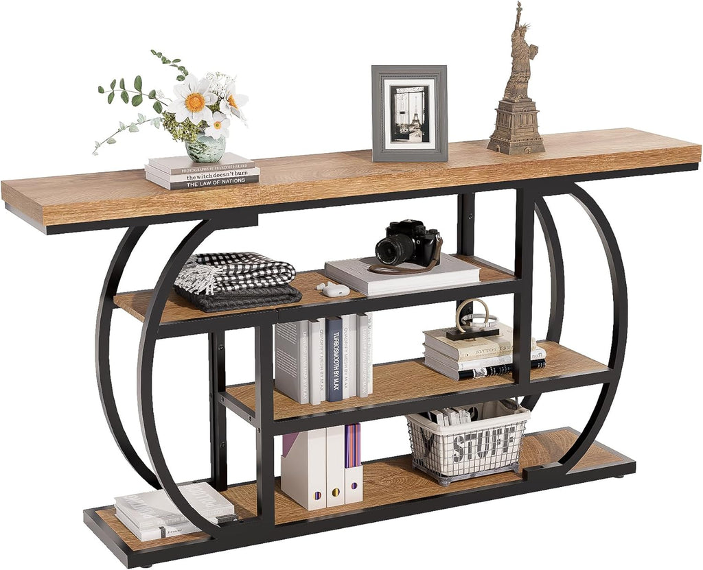 63” Industrial Console Table with 4-Tier Display Shelves, Narrow Long Sofa Table Behind Couch, Entryway/Hallway/Foyer Accent Table with Metal Frame for Living Room (Natrual Wood)