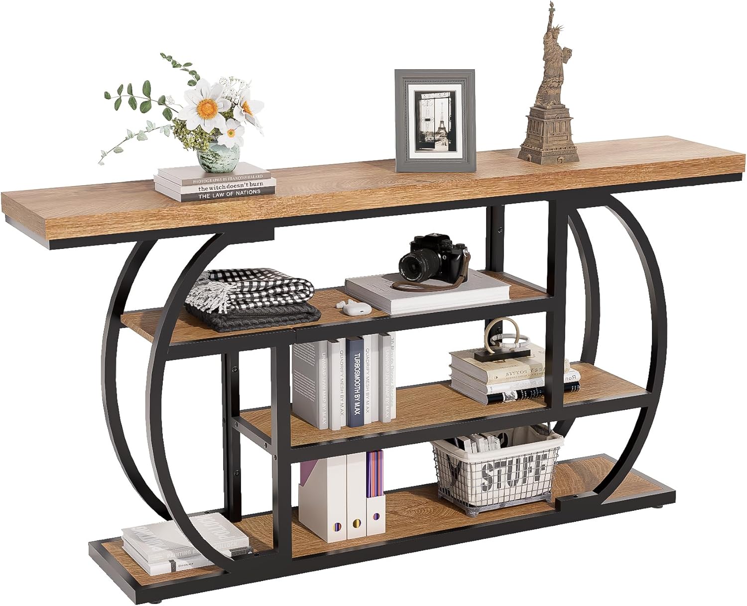 63” Industrial Console Table with 4-Tier Display Shelves, Narrow Long Sofa Table Behind Couch, Entryway/Hallway/Foyer Accent Table with Metal Frame for Living Room (Natrual Wood)