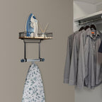 TJ.MOREE Ironing Board Hanger Metal Wall Mount Iron and Ironing Board Holder, Laundry Room Decor and Storage with Large Storage Black Wooden Base Basket and Removable Hooks