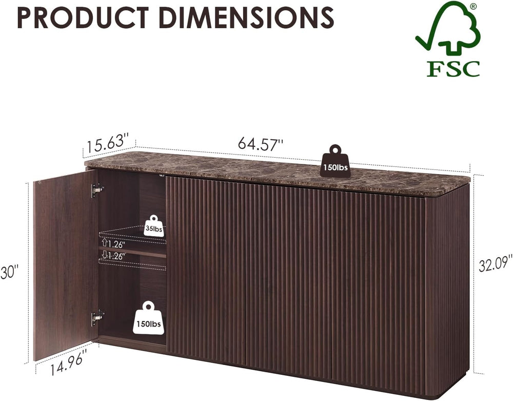 Fluted 4 Doors Sideboard Cabinet with Storage, 64" Wooden Credenza with ...