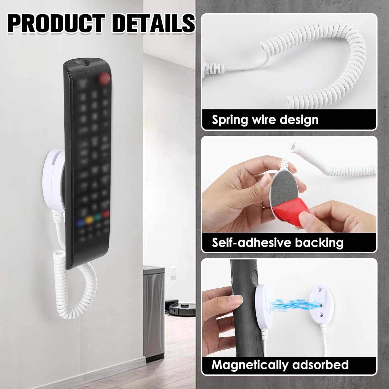 Magnetic Remote Leash Control Holder with Security Cable, Retractable Tidy Anti-lost Rope Organizer Easy Installation Stable Suitable for Projector TV Fan and Air Conditioner Remotes (2Pcs White, L)