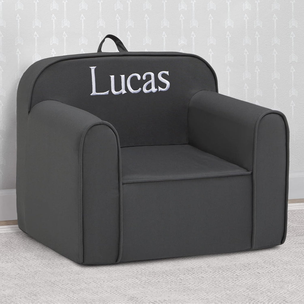 Delta Children Personalized Cozee Chair – Customize with Name – Foam Kids Chair for Ages 18 Months and Up, Dark Grey