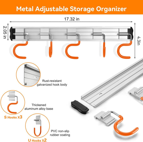 34.5'' Aluminum Alloy Garden Tool Organizer Wall Mount Garage Organizers and Storage with Hooks Tool Hangers for Shed Hooks for Shovel, Rake, Broom & More