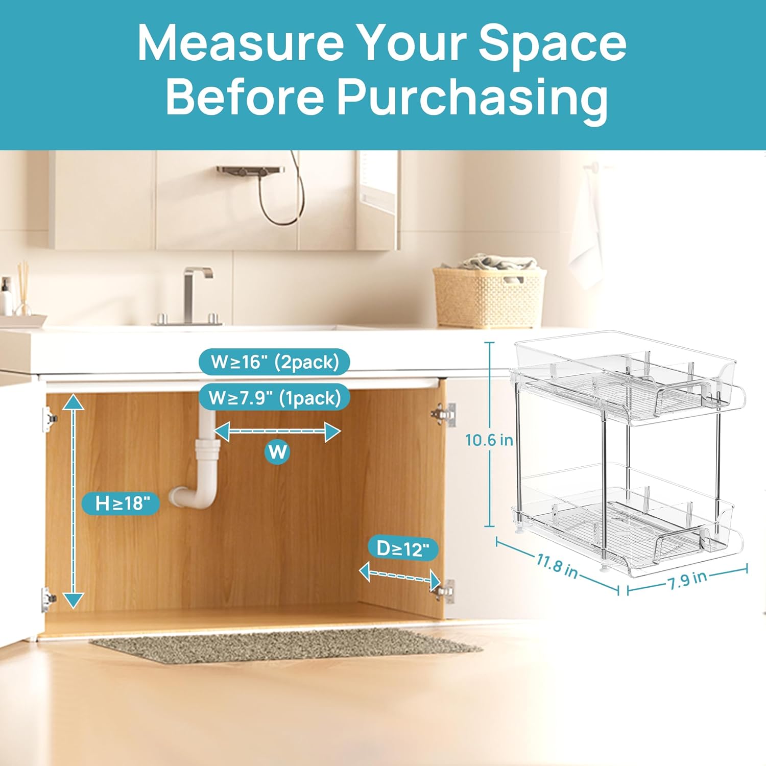 Vtopmart 4 Pack 2 Tier Bathroom Under Sink Organizers and Storage, Clear Kitchen Pantry Organization, Pull Out Medicine Cabinet Organizer with Movable Dividers