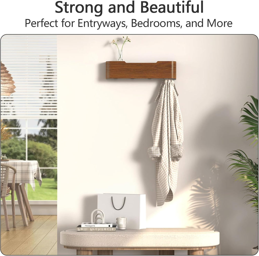 Coat Rack Wall Mount with Hidden Hooks Modern Key Holder Wood Entryway Hook with Shelf for Bedroom Kitchen Hallway Bathroom Designed for Hanging Coats Hats Bags Towel Dog Leashe(Walnut,4 Hooks)