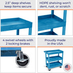 Stand Steady Tubstr 3 Shelf Utility Cart | Made in USA | Heavy Duty Tub Cart Holds Up to 500 lbs. | Storage Cart & Rolling Tool Cart for School, Office, Garage & Warehouse (32 x 24in / Blue)