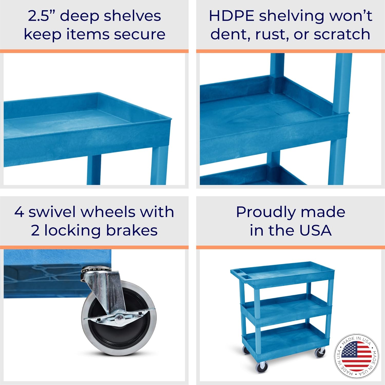 Stand Steady Tubstr 3 Shelf Utility Cart | Made in USA | Heavy Duty Tub Cart Holds Up to 500 lbs. | Storage Cart & Rolling Tool Cart for School, Office, Garage & Warehouse (32 x 24in / Blue)