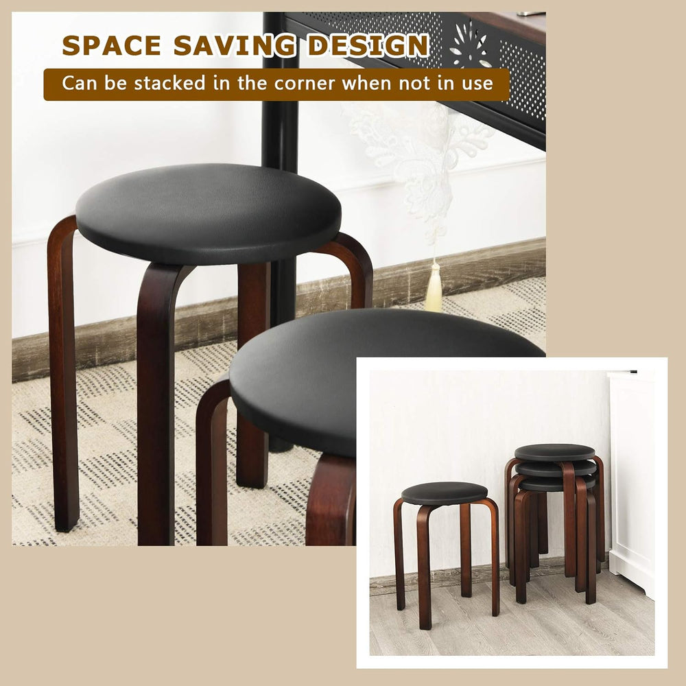 Round Wooden Stools, 4 Sets Stackable Wood Bar stools w/Cushioned Seat, Non-S...