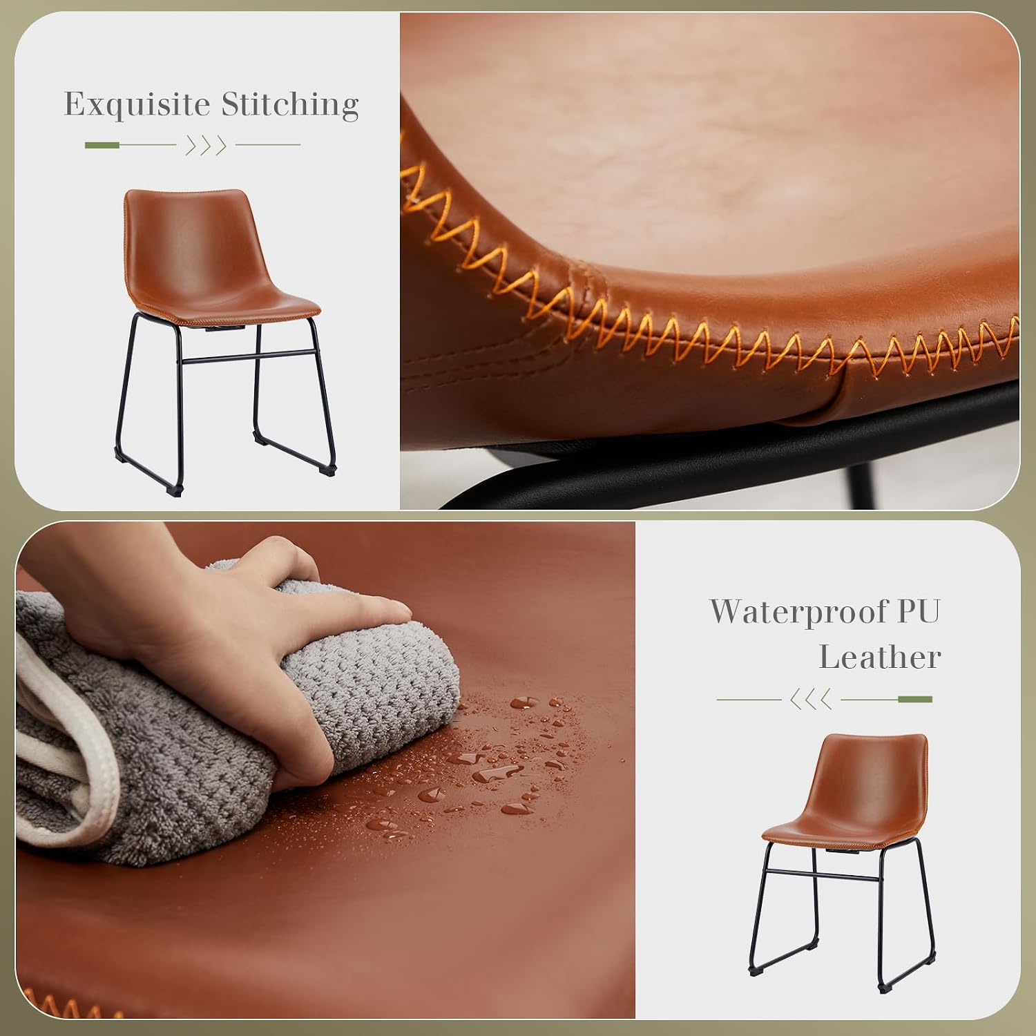 NEWBULIG Dining Table Height Barstools with Leather Back Matel Bar Stool Chairs for Kitchen, Set of 2 16 inch, Whiskey Brown