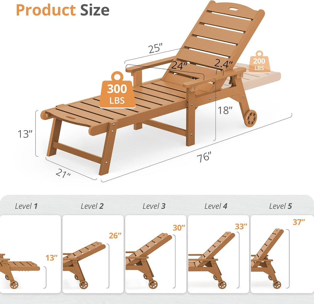 LUE BONA Outdoor Chaise Lounge, 5‑Position, 2‑Pack, Teak Color
