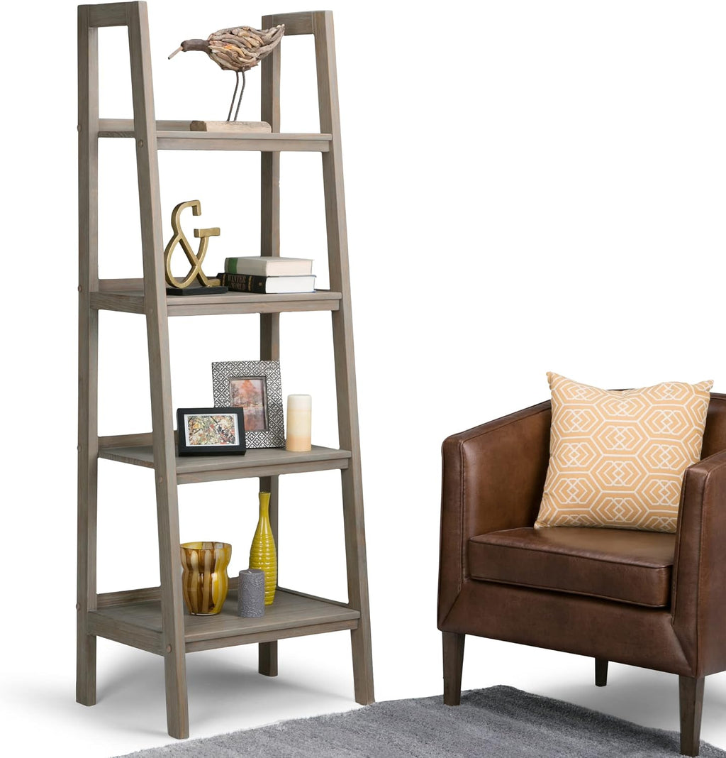 SIMPLIHOME Sawhorse SOLID WOOD 24 Inch Modern Industrial Ladder Shelf in Distressed Grey, For the Living Room, Study Room and Office
