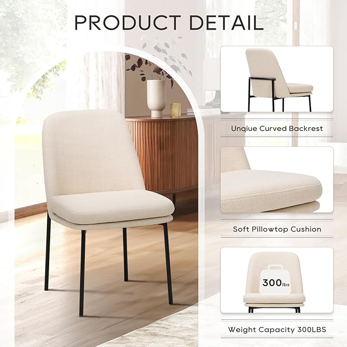 COLAMY Dining Chairs Set of 4, Modern Dining Chairs, Fabric Upholstered Dining Chairs, Kitchen Chairs with Curved Back and Metal Legs for Dining Room Kitchen Restaurant, Beige