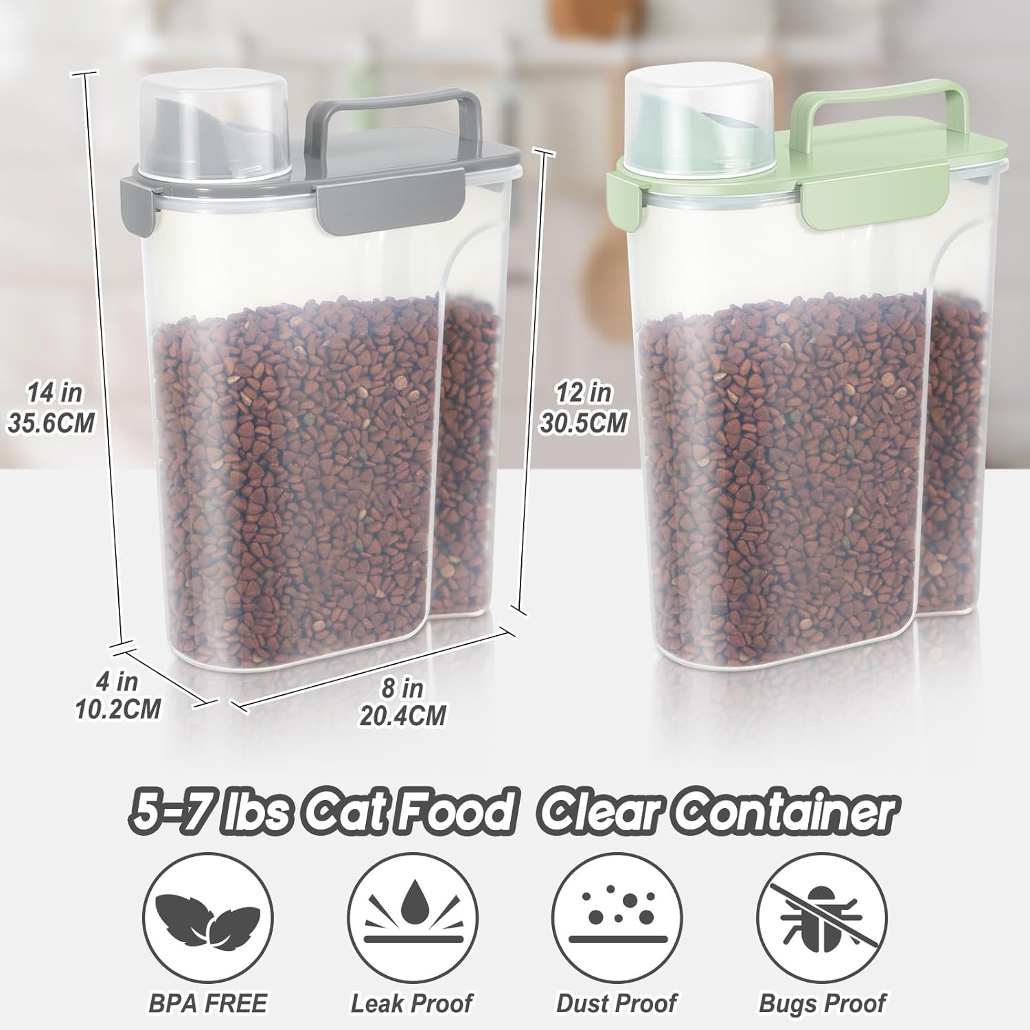 5-7Lbs Dog Cat Food Storage Container with Upgraded Large Nozzle BPA-free, 4 Snap Seals Plastic Pet Food Storage Containers with Handles (Light Green+Light Gray, 5L-2pack)