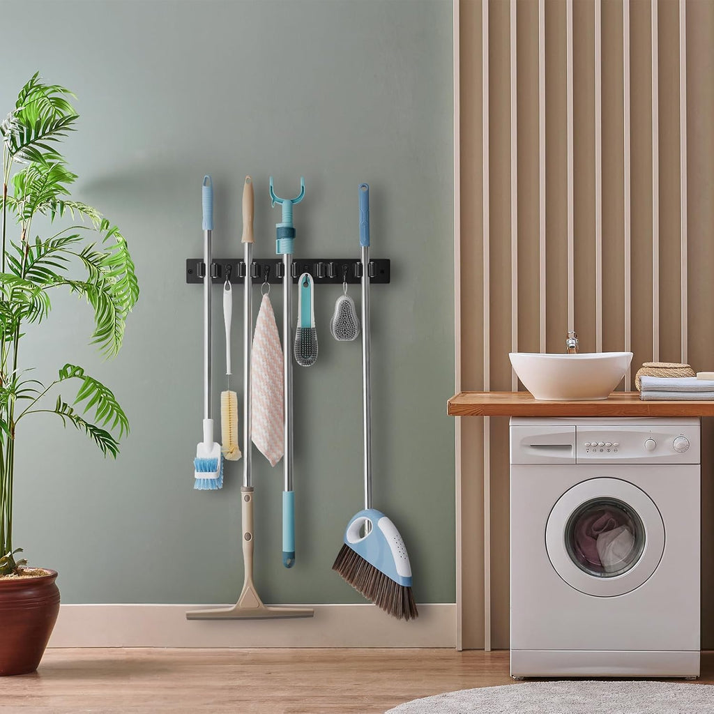 Mop and Broom Holder Wall Mount - Black Broom Mop Hanger - Wall Mounted Garden Tool Rack Organizer for Closet Garage Laundry Room Kitchen Decor With 5 Slots & 4 Hooks