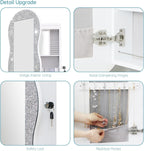 whitebeach Jewelry Armoire Organizer, LED Jewelry Cabinet Wall/Door Mounted | Lockable Wavy Mirror with Storage, Crushed Diamonds Mirror Full Length,Door or Wall Mounted Mirror with Jewelry Storage