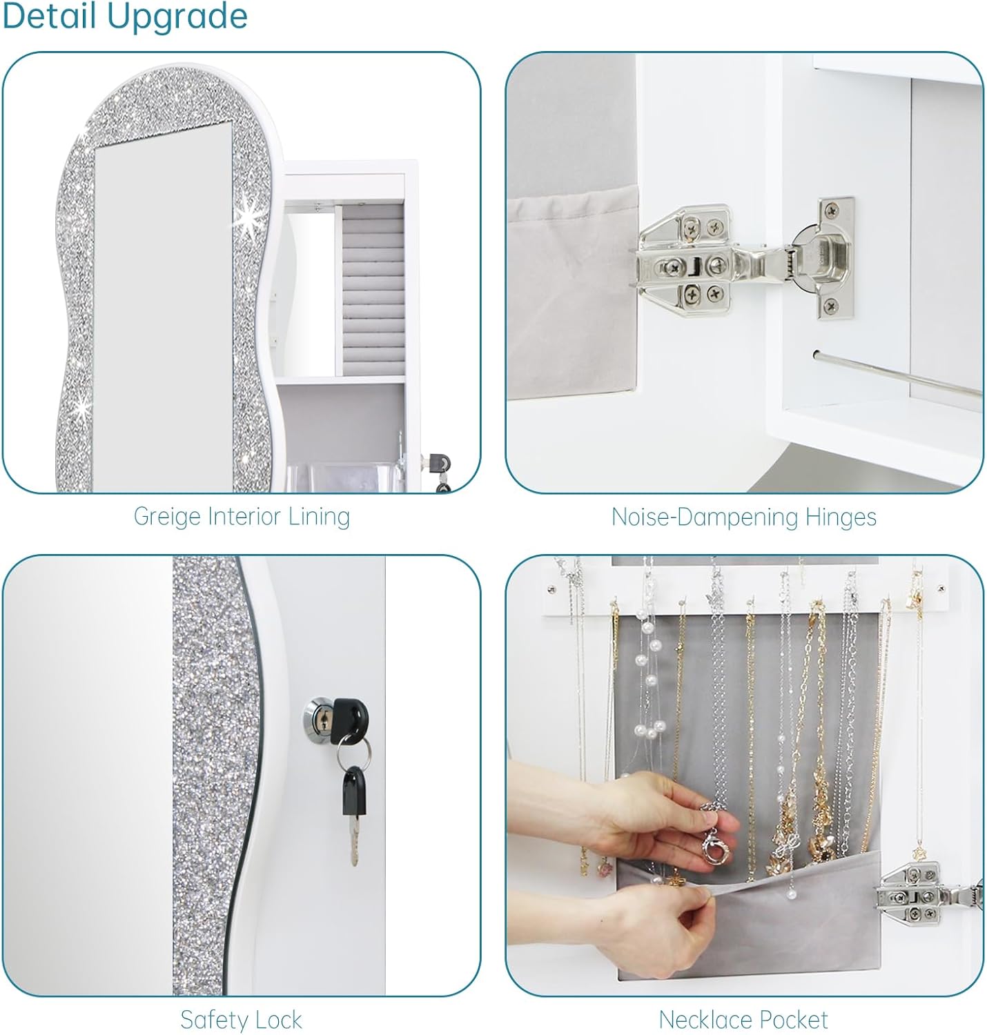 whitebeach Jewelry Armoire Organizer, LED Jewelry Cabinet Wall/Door Mounted | Lockable Wavy Mirror with Storage, Crushed Diamonds Mirror Full Length,Door or Wall Mounted Mirror with Jewelry Storage