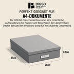 Bigso Box of Sweden Document Box for A4 paper, Brochures and Notes - Box with Lid and Handle - Fibreboard and Paper Box Storage with Lid - Grey