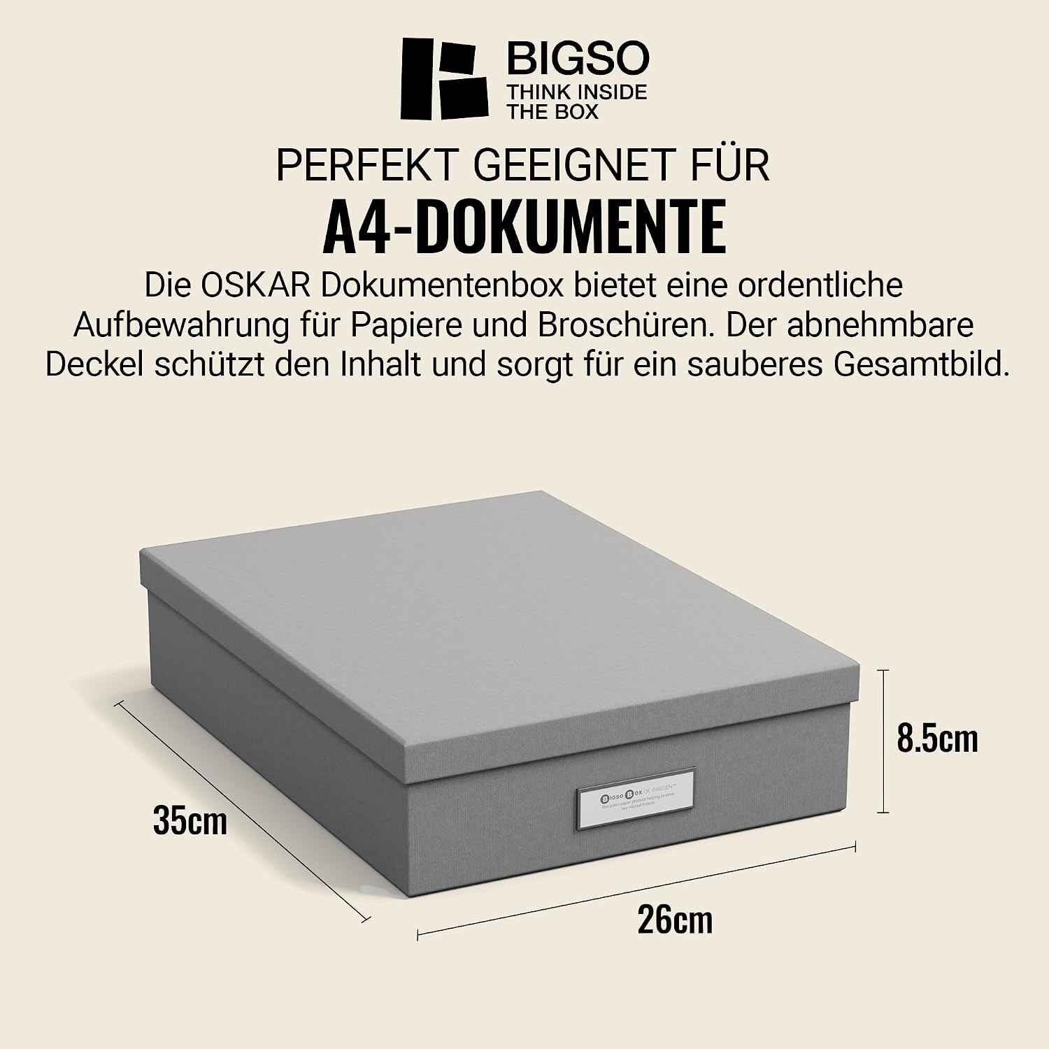 Bigso Box of Sweden Document Box for A4 paper, Brochures and Notes - Box with Lid and Handle - Fibreboard and Paper Box Storage with Lid - Grey