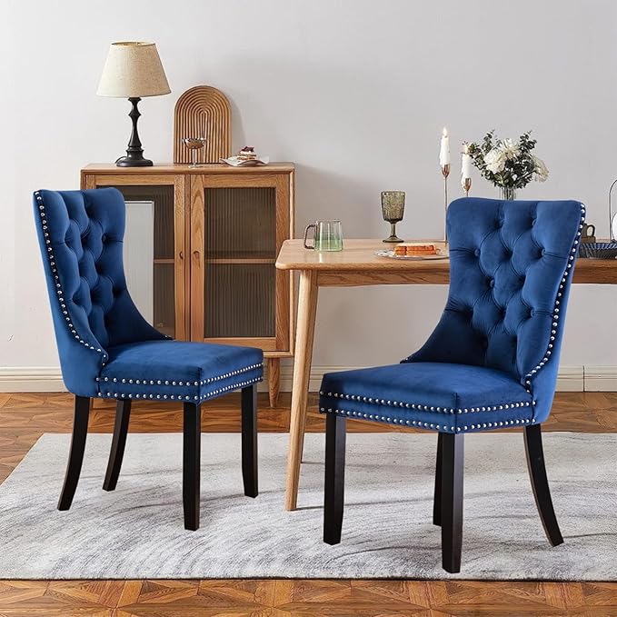Velvet Upholstered Dining Chairs Set of 2, Modern Style Kitchen Side Chairs with Nailhead Trim and Wood Legs,Metal Pulling Ring for Dining Room Living Room(Blue,Set of 2)