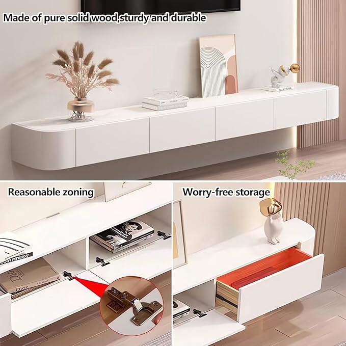 Pre-Assembled Floating TV Stand with Drawers, Rubberwood Wall Mounted TV Console, Modern Media Console for Living Room, Space-Saving Floating TV Cabinet (White (with Led), 94.5in/240cm)