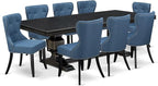 NKSI9-SBB-21-9-Piece Kitchen Table Set Consists of a Dinner Table and 8 Blue Linen Fabric Upholstered Chairs with Button Tufted Back - Sand Blasting Black Finish