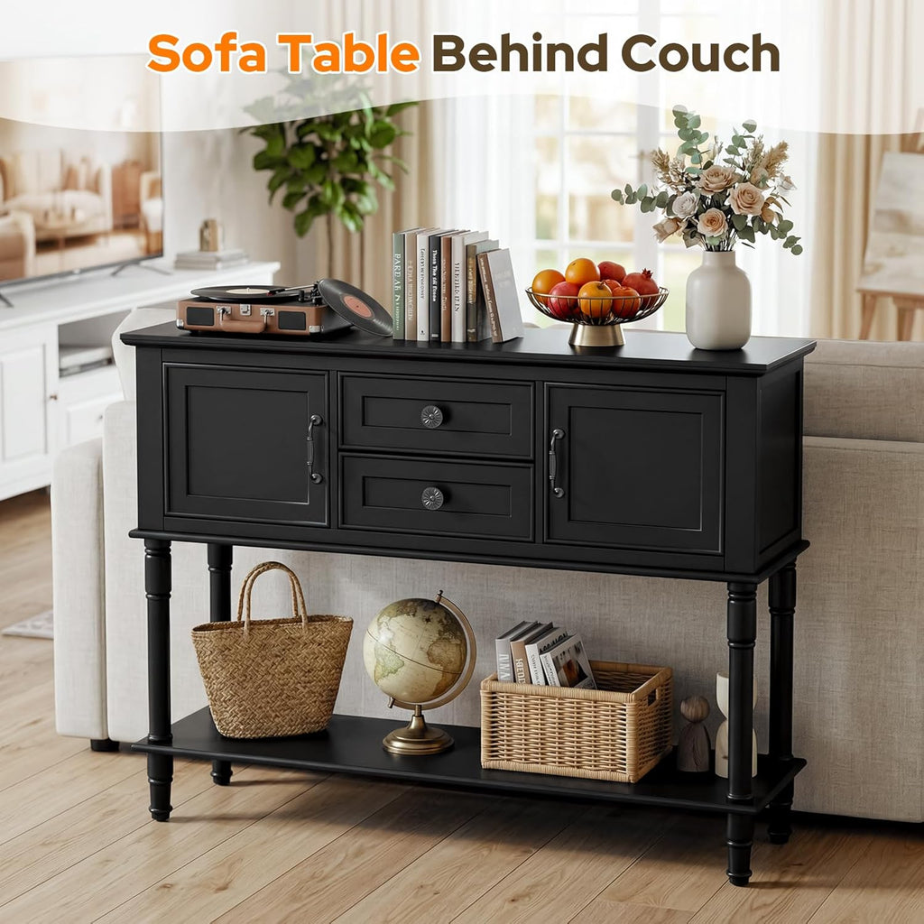 Console Table with 2 Soft-Close Cabinet Doors, Retro Narrow Entryway Table with 2 Drawers & Open Storage Shelf, 42" Long Behind Couch Sofa Table for Living Room, Foyer, Hallway, Coffee Bar (Black)