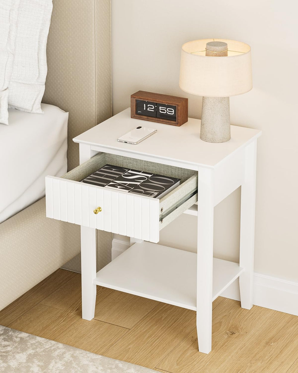 Fluted Nightstand, Farmhouse Night Stand with 1 Drawers, Mid Century Modern S...