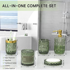 Green Glass Bathroom Accessories Set 5 Pcs, Green Bathroom Set, Soap Dispenser and Toothbrush Holder Set, Qtip Holder Set, Vintage Bathroom Sink Set, Cute Bathroom Decor