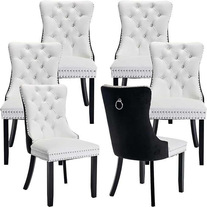 Modern Dining Chairs Set of 6, Tufted Upholstered Dining Chair with Solid Wood Legs, Velvet and Leather Dining Chairs, Sillas de Comedor, Comfy Kitchen Chair (White+Black, 6Pcs)