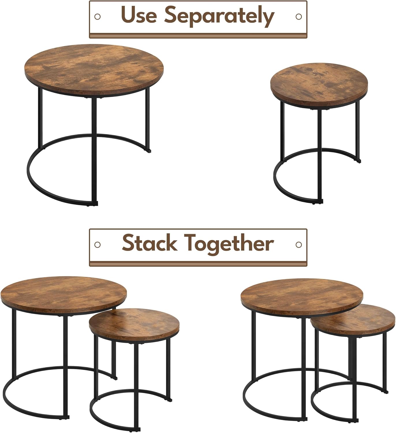 Yaheetech Small Round Nesting Coffee & Side Table Set of 2, Rustic Brown | Space-Saving Nesting Design, Engineered Wood Tops on Black Metal Frames, Use Apart as End Tables, Easy Assembly, 99 lb Max