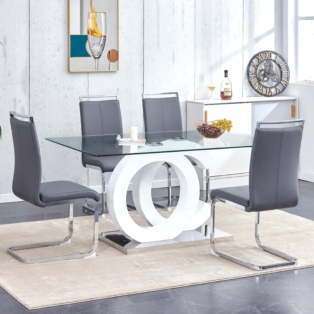 63'' Modern Glass Dining Table Set for 4, with 4 PU Leather Ergonomic...