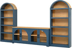 3-Piece Retro TV Stand Set with Bookshelf, Entertainment Center with Arched Design for TVs up to 70'', Farmhouse Media Console with Tempered Glass Doors for Living Room, Blue