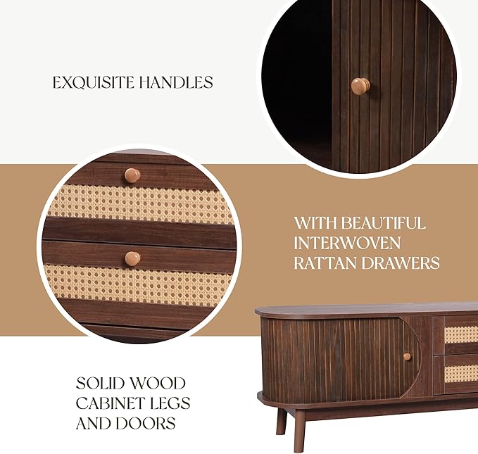 Mid Century Modern TV Stand for TVs up to 75”, Fluted Entertainment Center, Media Console with Tambour Sliding Doors and Rattan-Style Drawers, Walnut Finish Media Console for Living Room