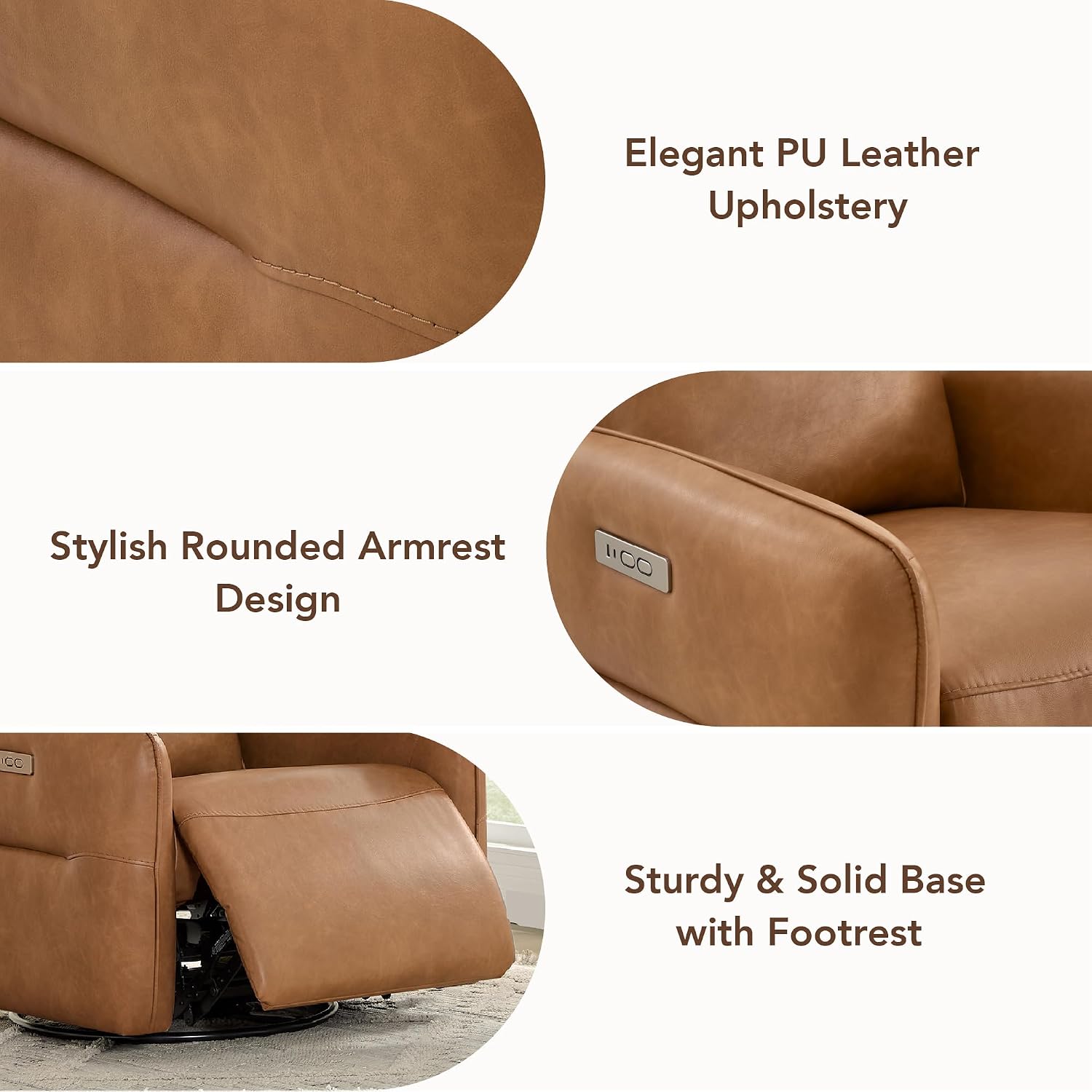 CHITA Faux Leather Power Recliner Chair, Swivel Glider, Camel | Nursery Rocking Chair for Adults with USB & Type-C Charging Ports, Electric Recliner for Living Room & Bedroom
