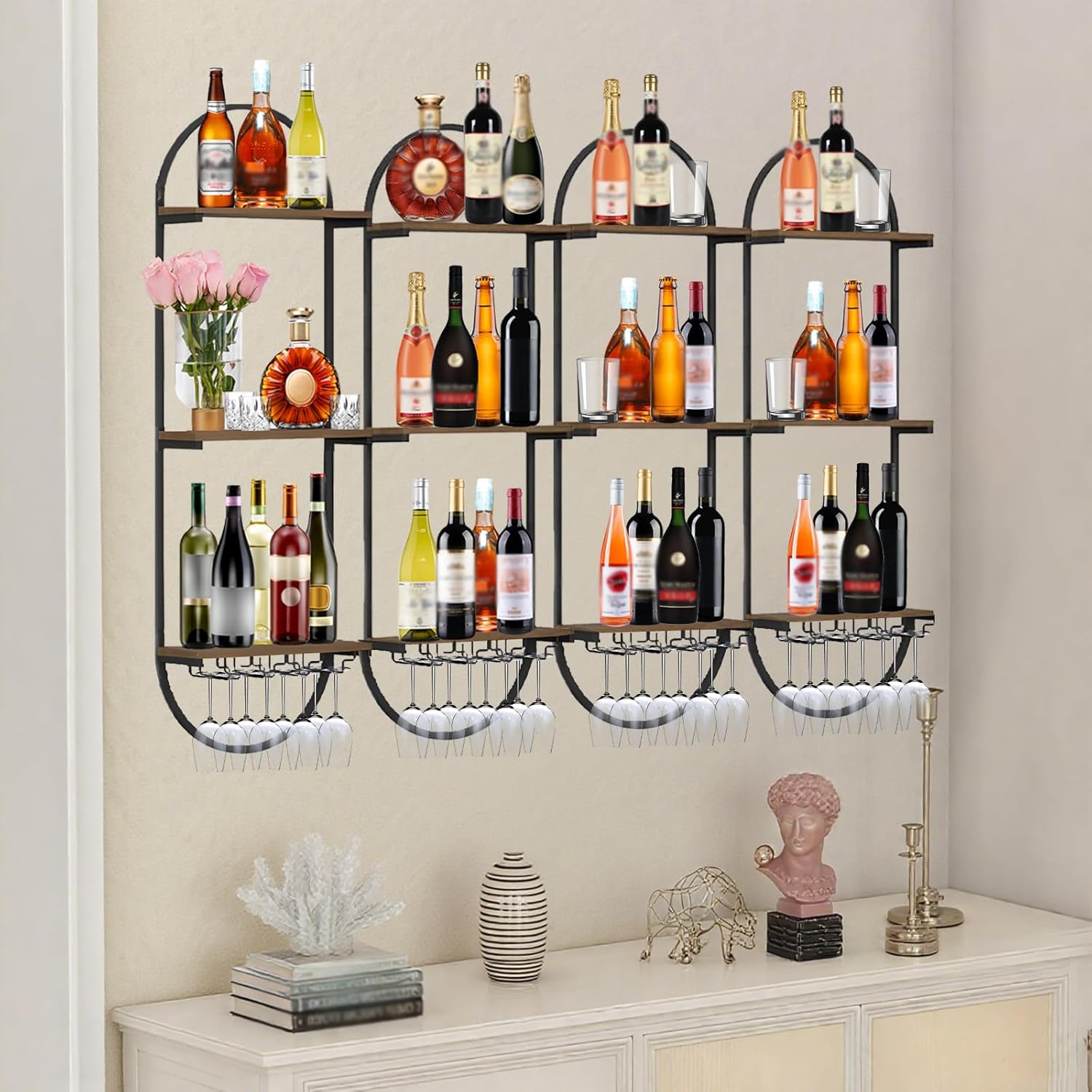Wall Mount Wine Rack, 3-Tier Metal Oval Design Wine Rack Wall Mounted, Wine Bottle Holder for Home Bar, Wine Kitchen Storage Liquor, Champagne(Black, 6PCS)