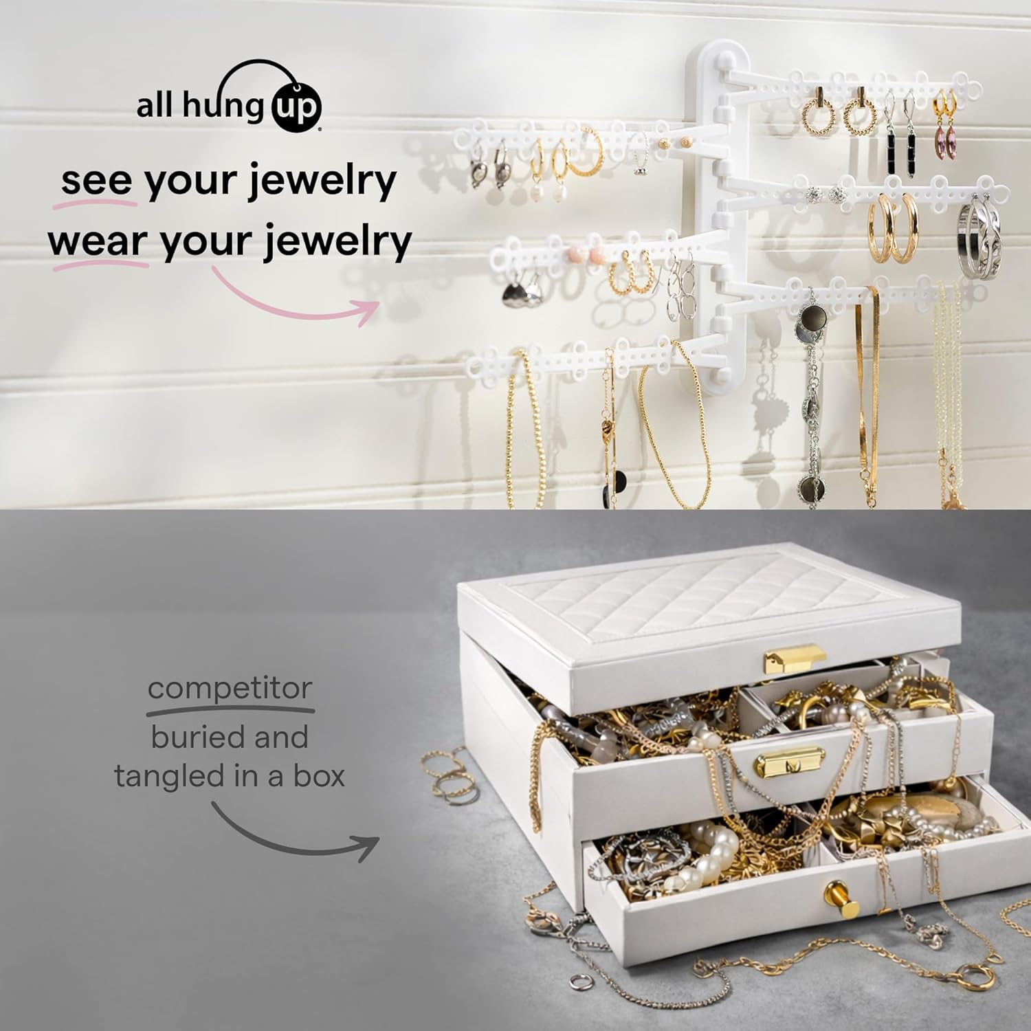 All Hung Up 6-Tier Wall Jewelry Organizer–Jewelry Holder for Necklaces, Earrings, Rings & Bracelets, Rotating Branches Wall Mounted Jewelry Organizer 120 Earring Holes, No-Drill Installation (White)