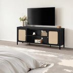 Rattan TV Stand for TVs up to 75'' Boho Entertainment Center with Adjustable Shelf Television Stand with 2 Storage Cabinets Media Console Wooden TV Cabinet for Living Room Bedroom,Black