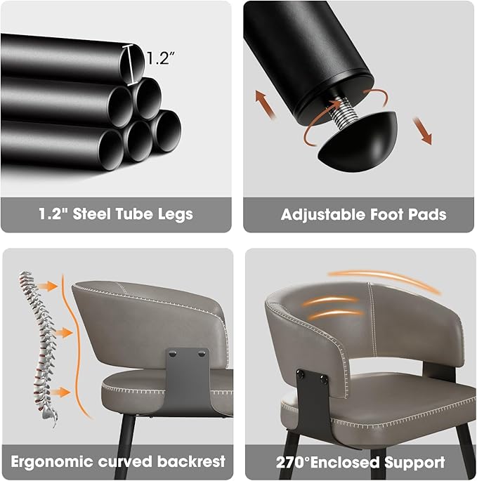 Modern Dining Chairs Set of 6, Upholstered Faux Leather Kitchen Side Chairs with Curved Open Back, Elegant Decorative Stitching, Easy Assembly for Dining Room, Restaurant, Cafe, Matte Gray